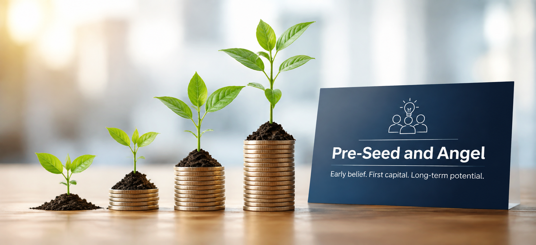 Pre-seed and angel fundraising presentation showing early-stage growth, startup potential, and investment oppo