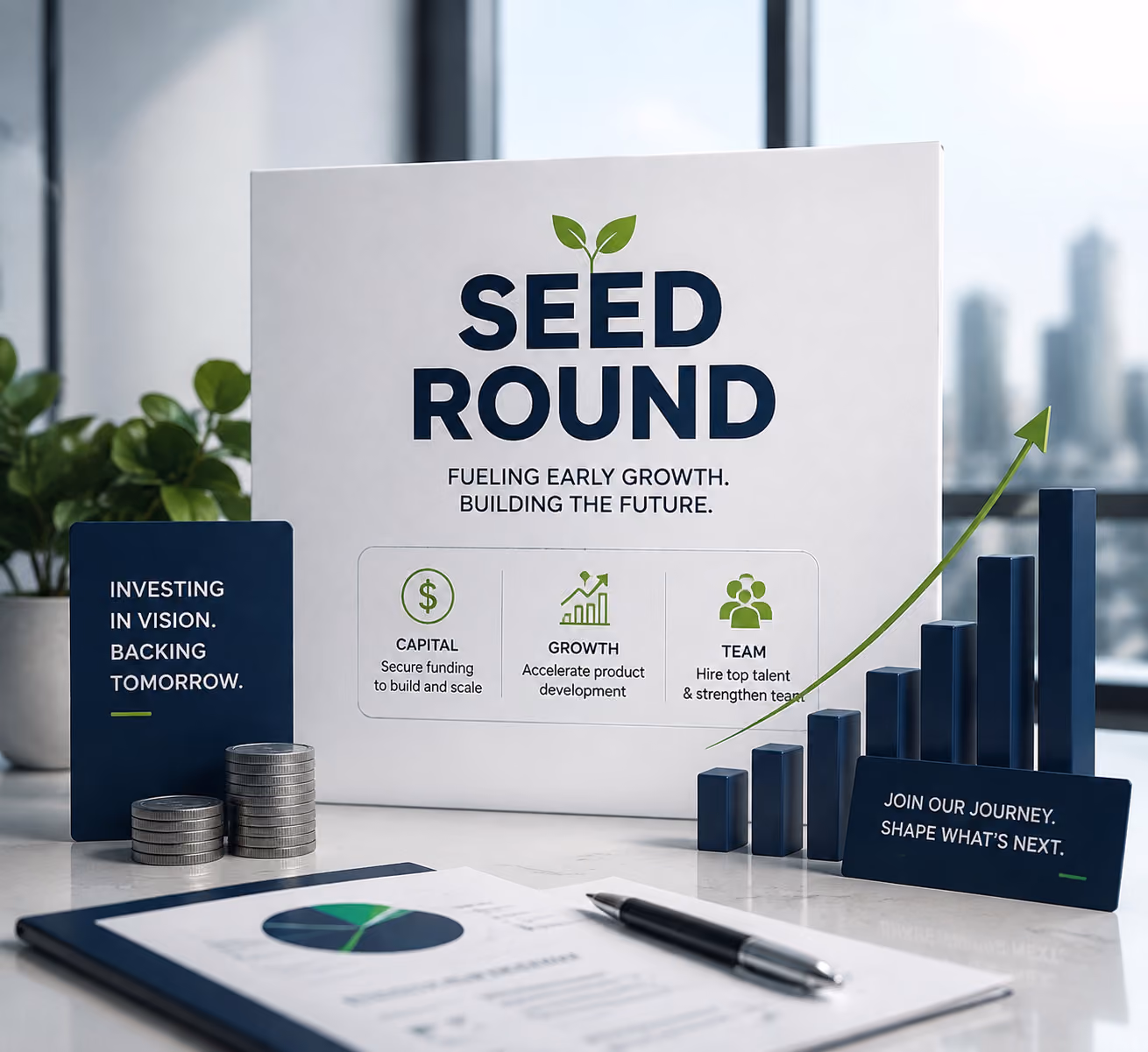 Seed round fundraising presentation highlighting startup growth, capital needs, market opportunity, and potent