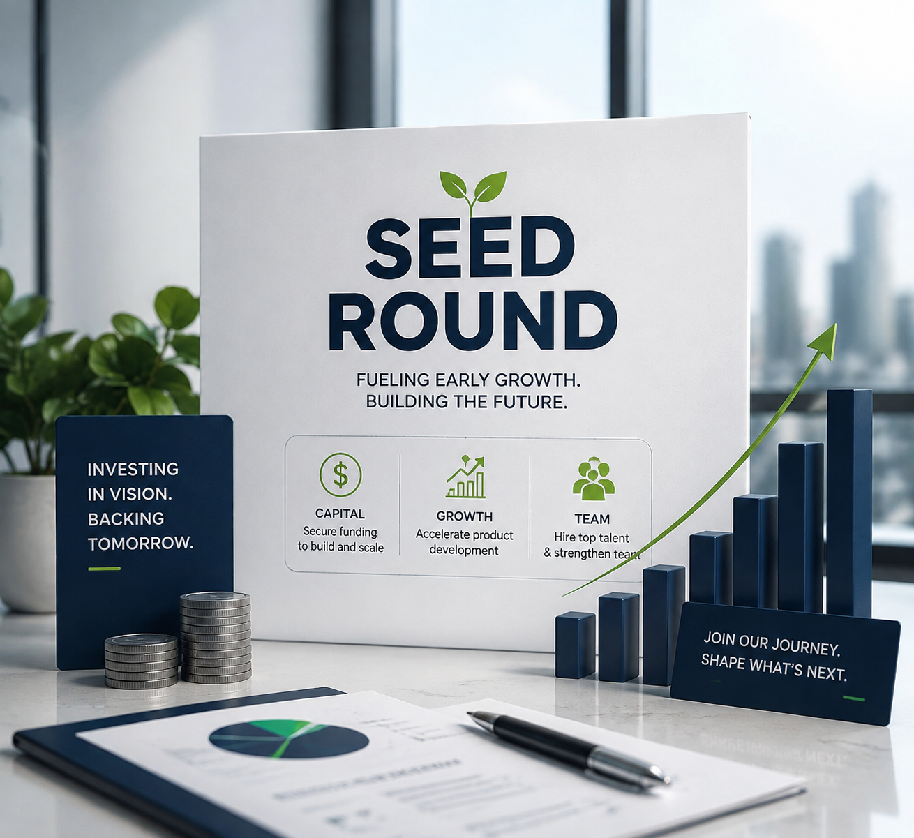 Seed round fundraising presentation highlighting startup growth, capital needs, market opportunity, and potent