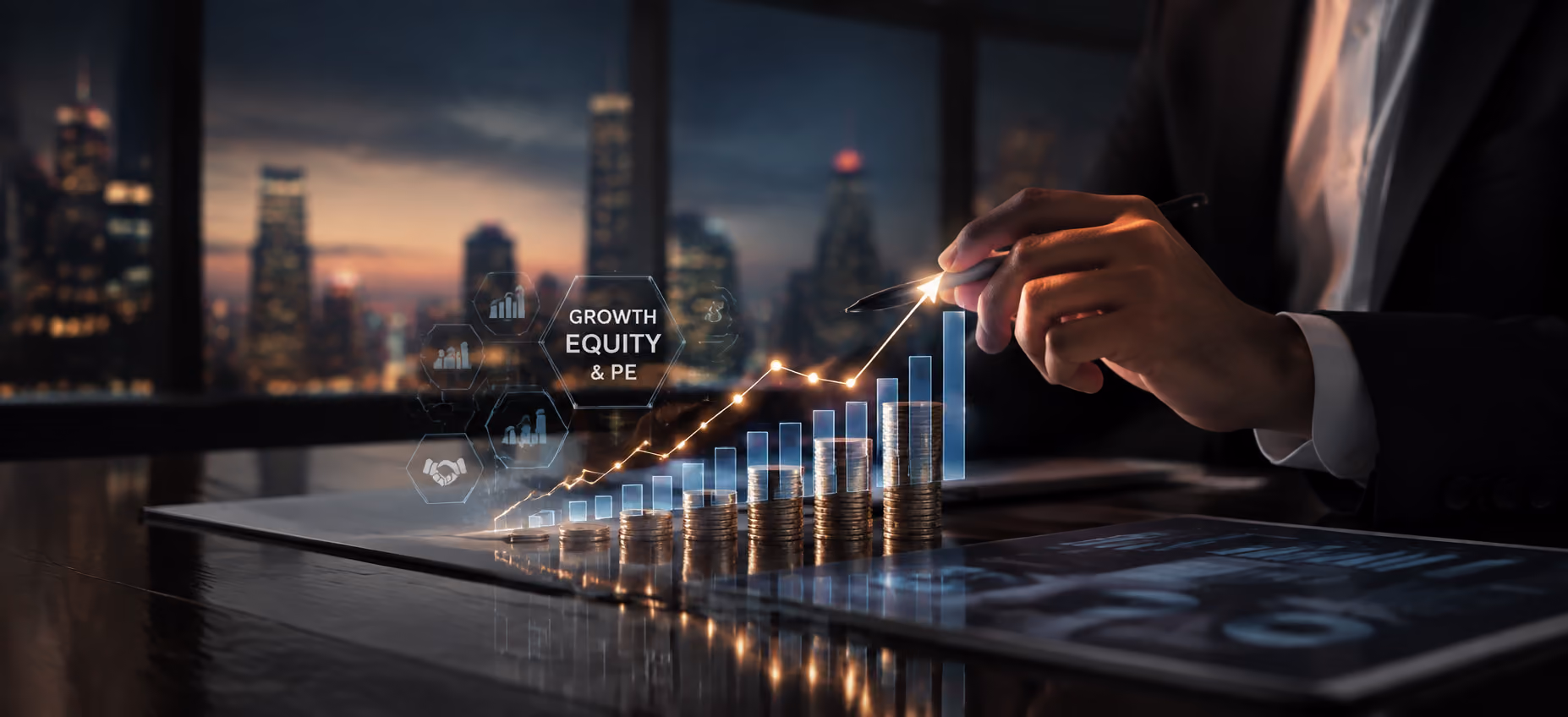 Growth equity and private equity presentation showing investment performance, scale, value creation, and retur