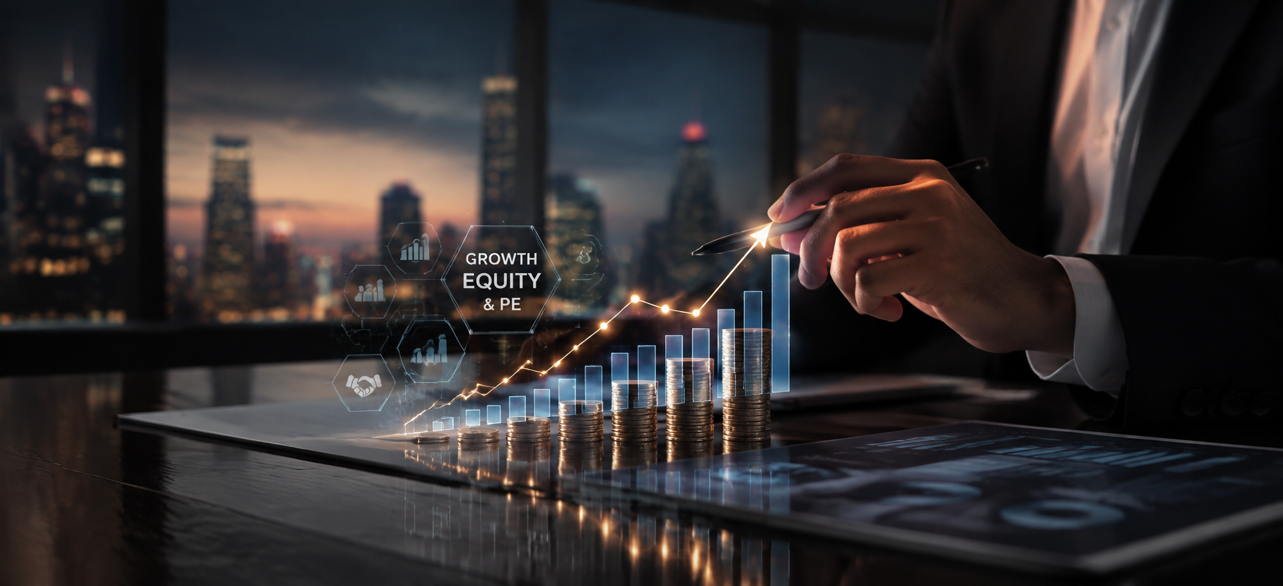Growth equity and private equity presentation showing investment performance, scale, value creation, and retur
