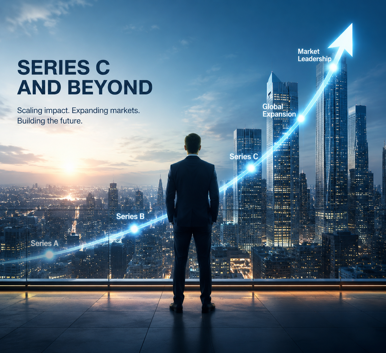 Series C and beyond fundraising presentation showing global expansion, market leadership, scale, and long-term