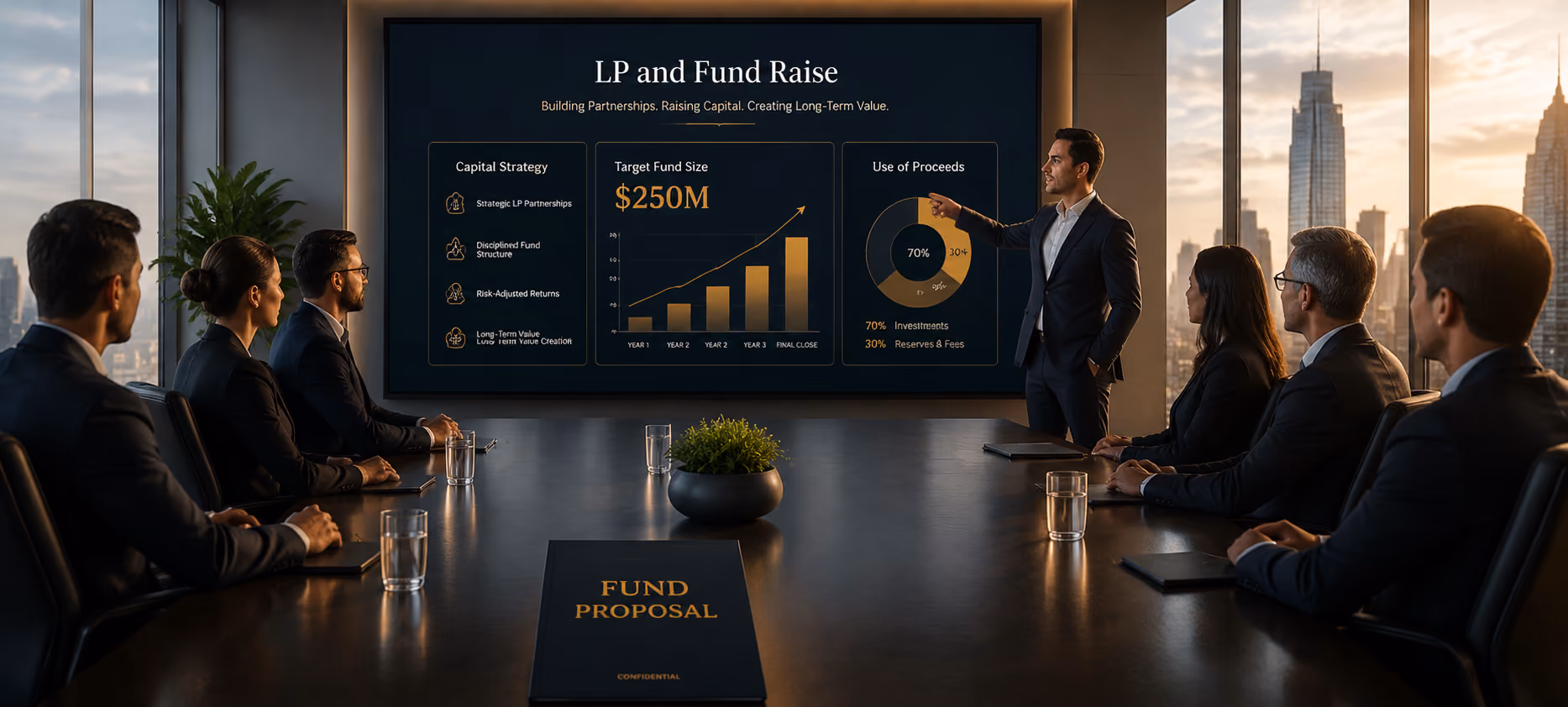 LP and fund raise presentation showing fund strategy, performance metrics, portfolio growth, and investor repo