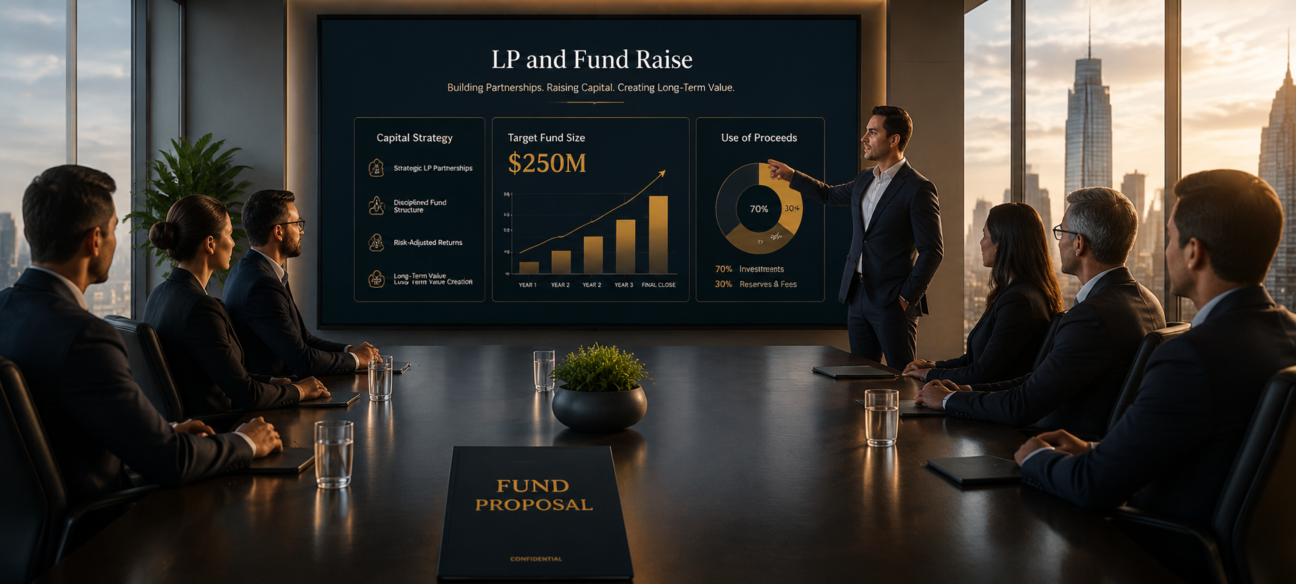 LP and fund raise presentation showing fund strategy, performance metrics, portfolio growth, and investor repo