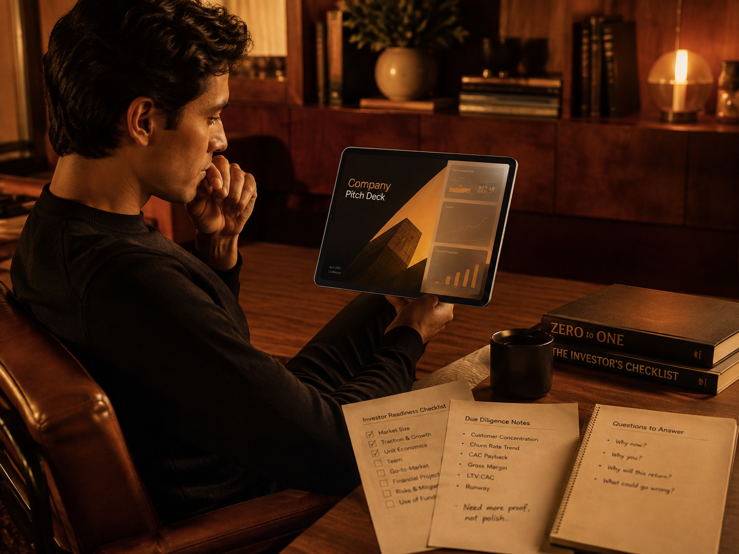 Founder reviewing an investor pitch deck to assess whether the presentation is raise-ready and strategically s