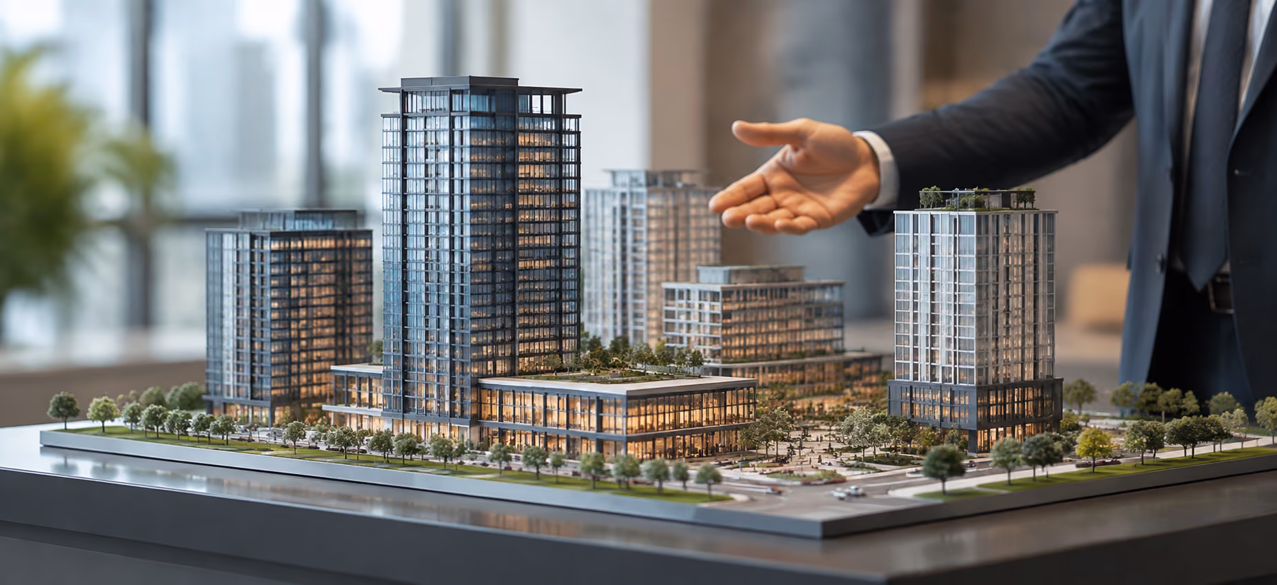 Sales deck for real estate and commercial development highlights market value, projects, returns, and buyer op