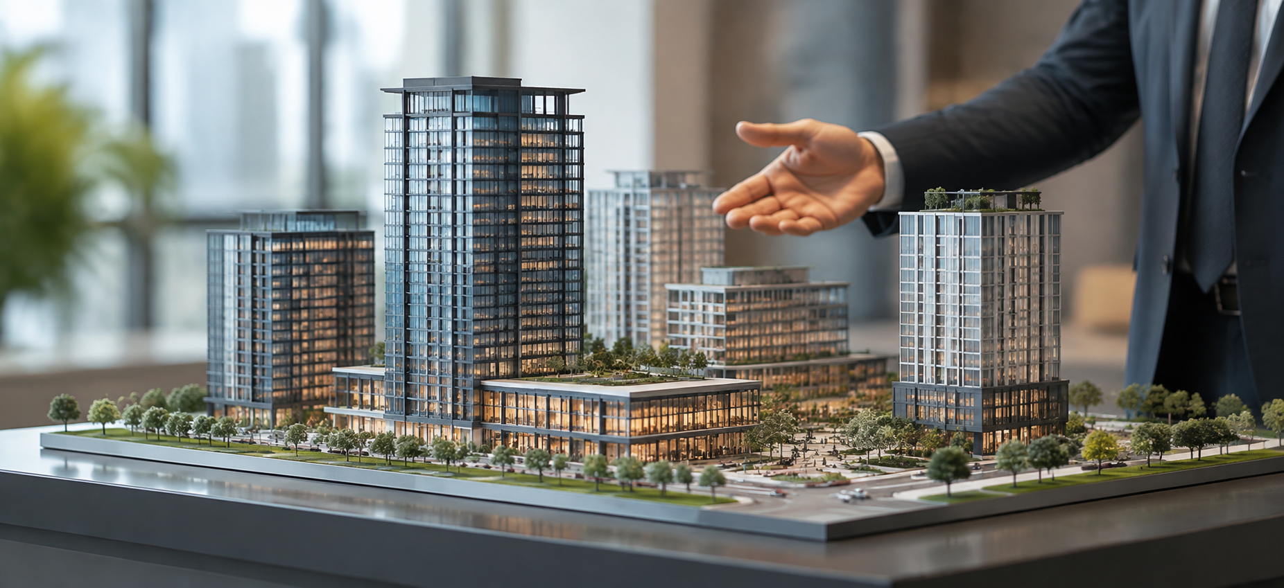 Sales deck for real estate and commercial development highlights market value, projects, returns, and buyer op