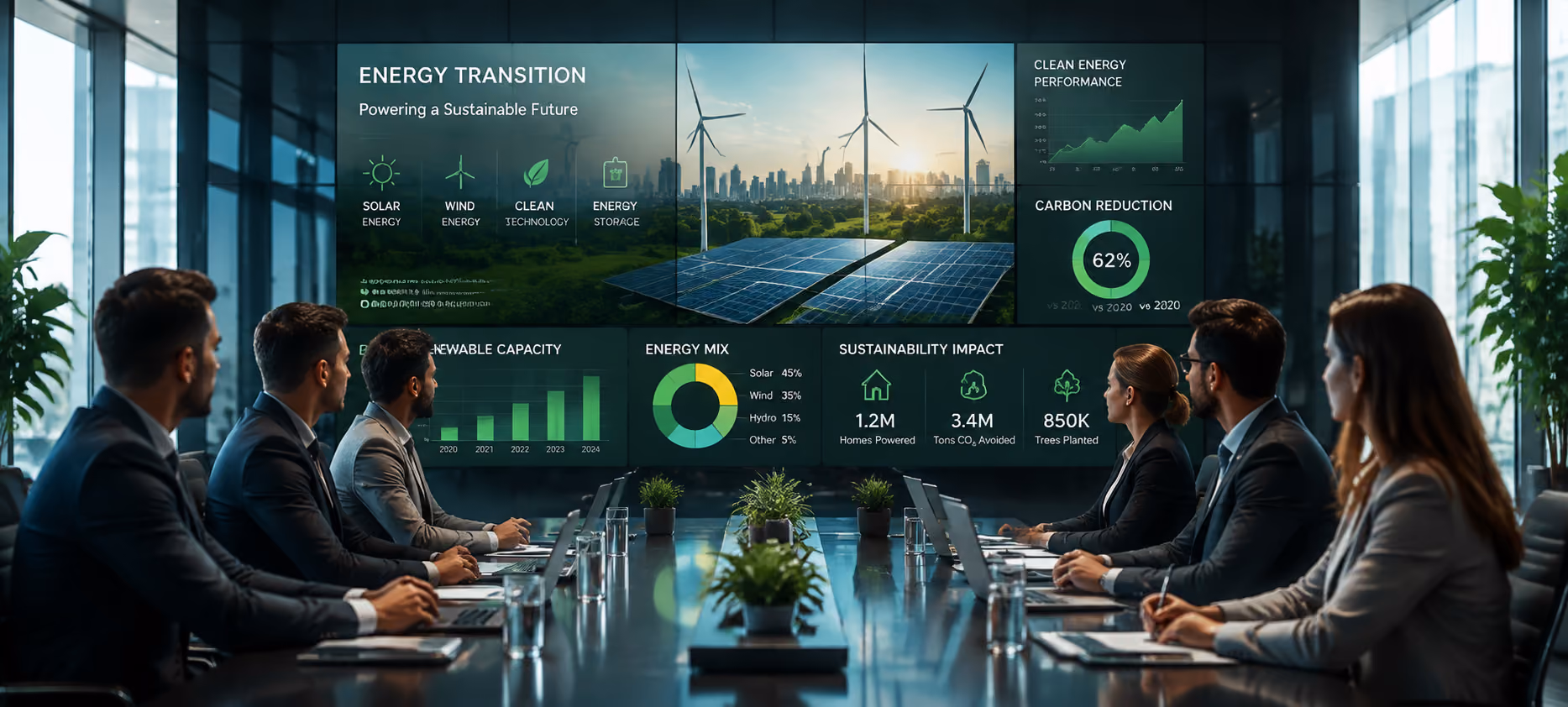 Sales deck for energy and clean technology presents market value, business impact, solutions, and buyer outcom