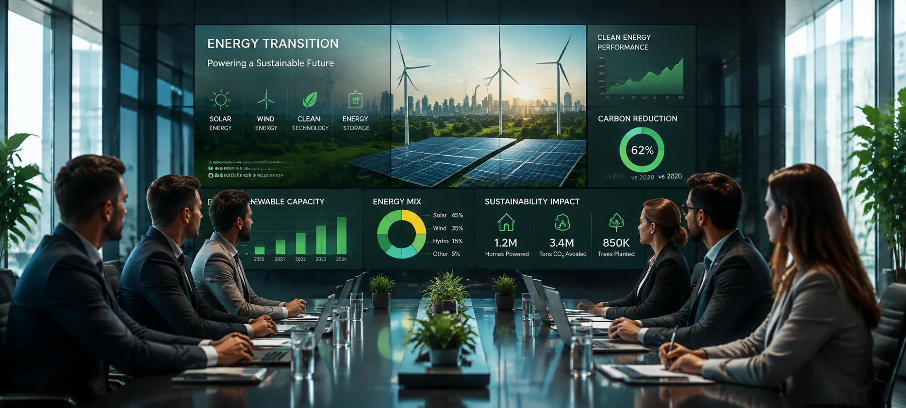 Sales deck for energy and clean technology presents market value, business impact, solutions, and buyer outcom