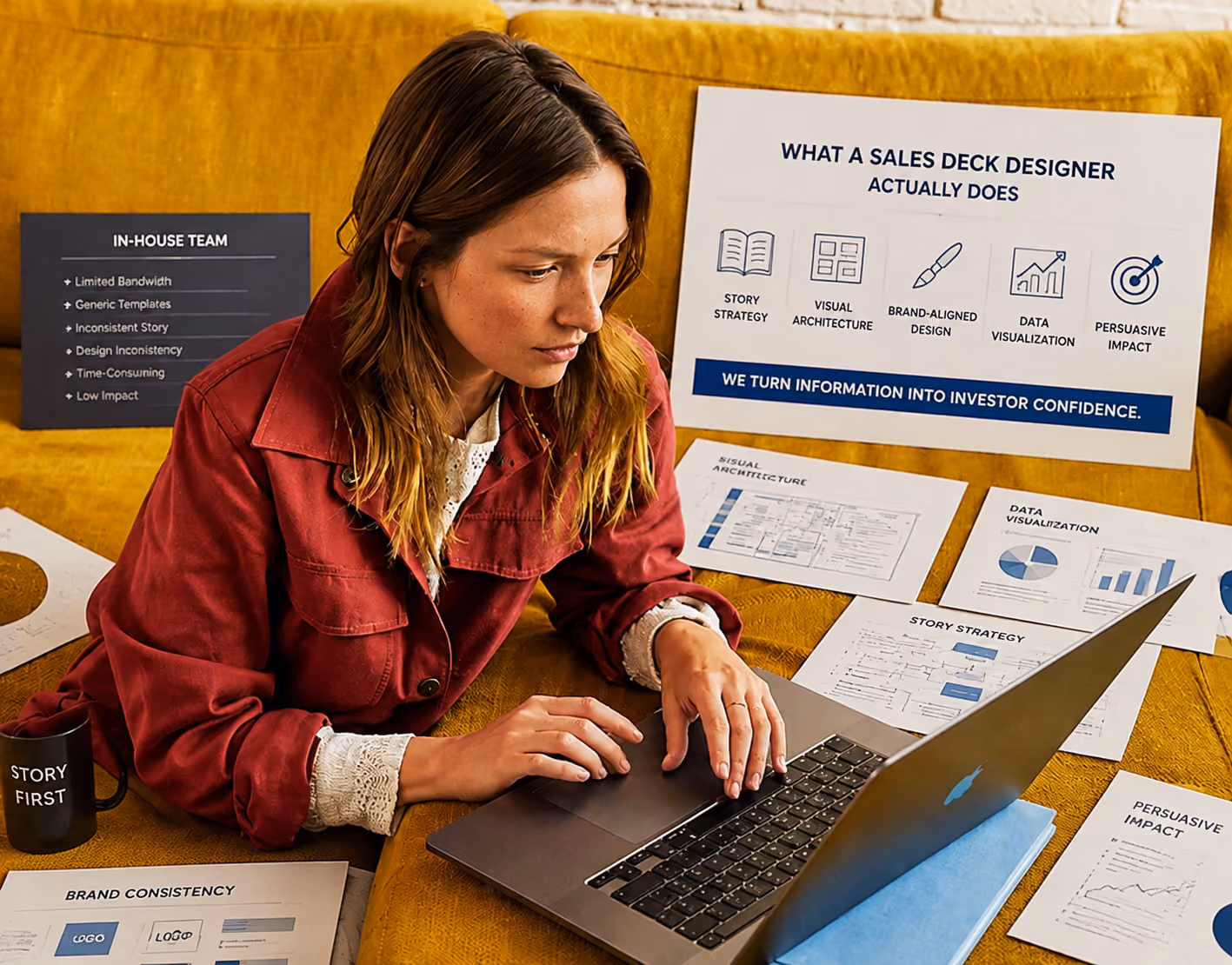 A sales deck designer builds buyer-focused messaging, structure, visuals, and persuasion beyond routine in-hou