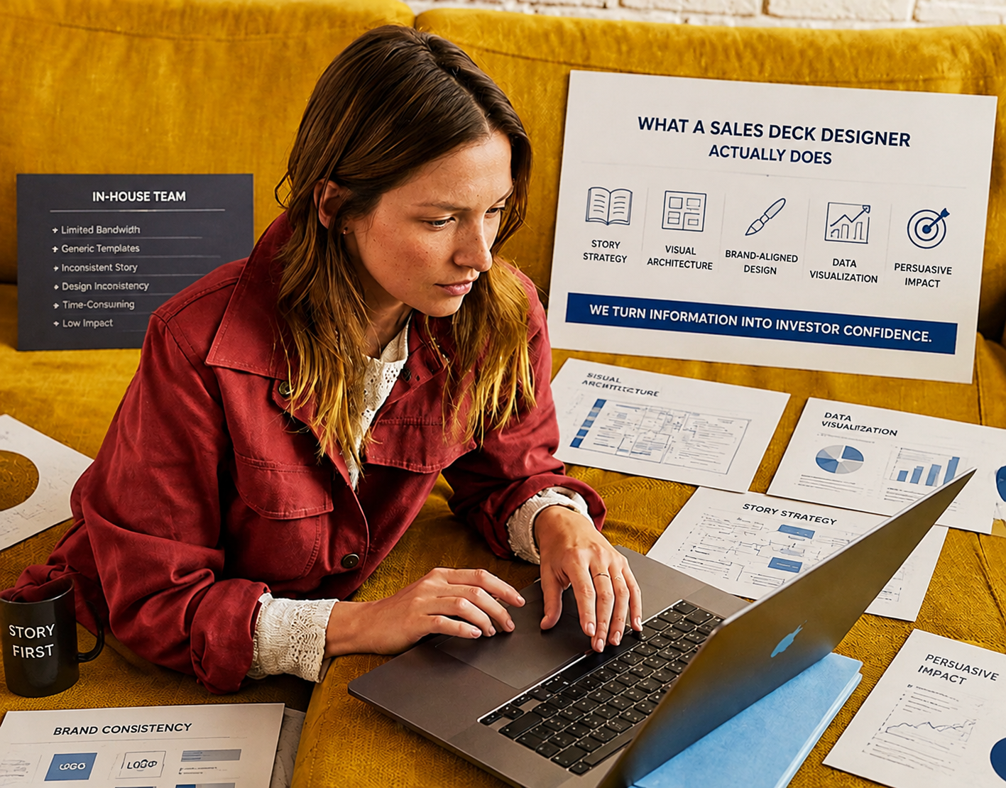 A sales deck designer builds buyer-focused messaging, structure, visuals, and persuasion beyond routine in-hou