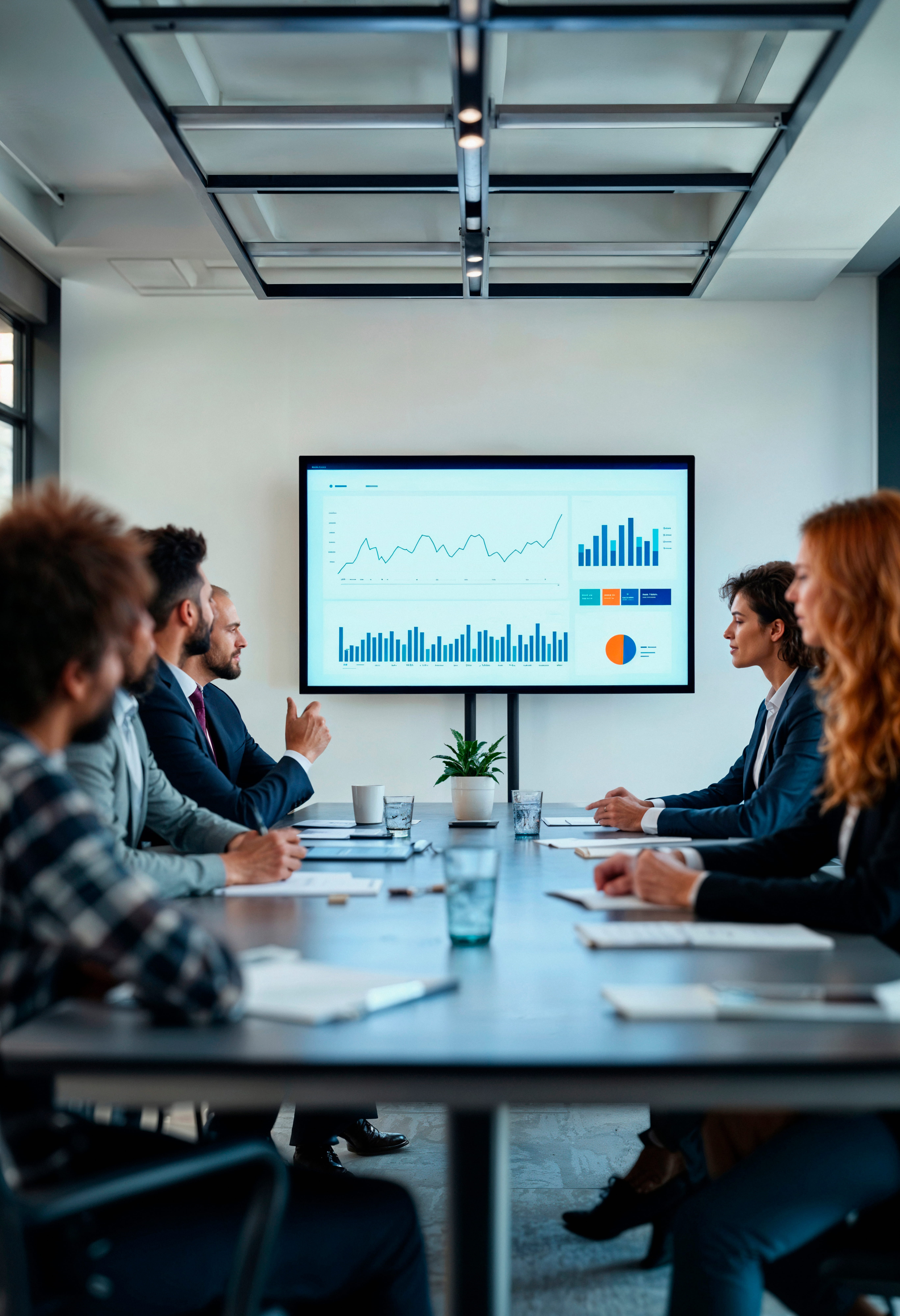 Audit presentation with executives reviewing financial charts and governance data in modern boardroom setting