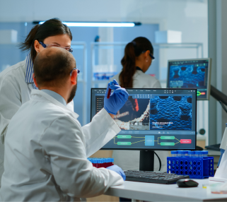 Biotech and MedTech professionals reviewing data in a Singapore lab for a strategic business presentation proj