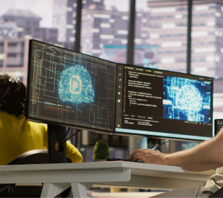 Deep tech and AI analytics displayed on monitors for an innovative Singapore business presentation and technol