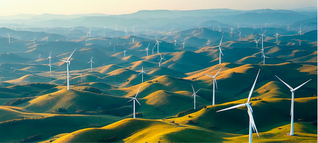 Wind turbines across a landscape representing energy and sustainability sectors for Singapore business present