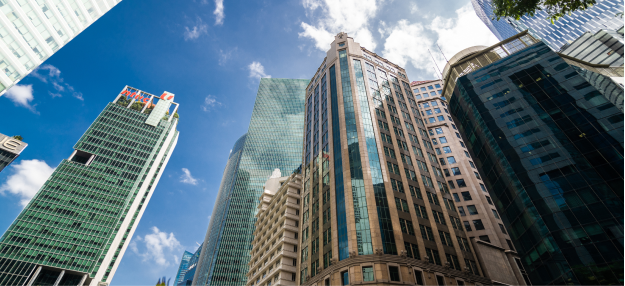 Modern city skyscrapers representing Singapore real estate and corporate presentation design for property busi
