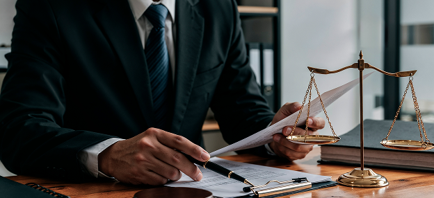 Toronto legal presentation design with a professional discussing documents and strategy in a business setting.