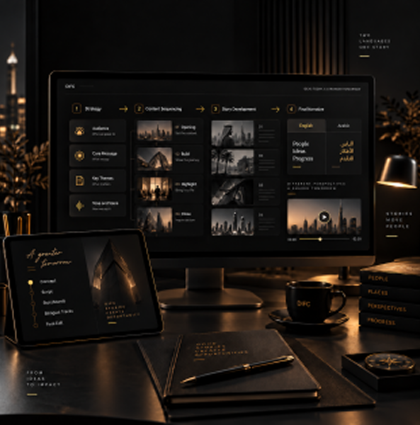 Content and story design showing structured slides, visual storytelling, and clear business messages for Dubai