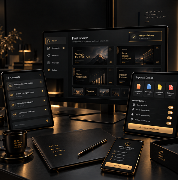  Dubai presentation delivery workspace showing polished slides, visual assets, and final review for Dubai teams