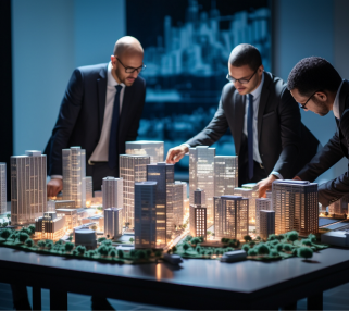 Dubai real estate leaders reviewing a development presentation with models, data, and investment for GCC teams