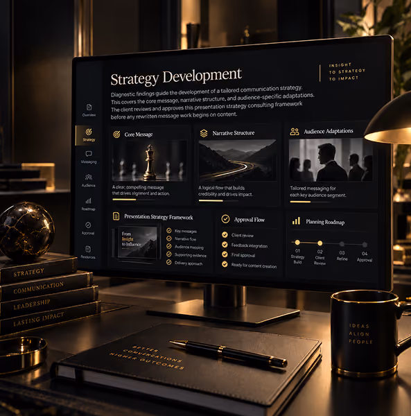 Presentation strategy session focused on audience needs, key messages, storytelling, and clear business presen