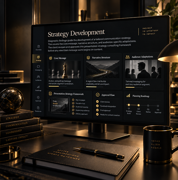Presentation strategy session focused on audience needs, key messages, storytelling, and clear business presen