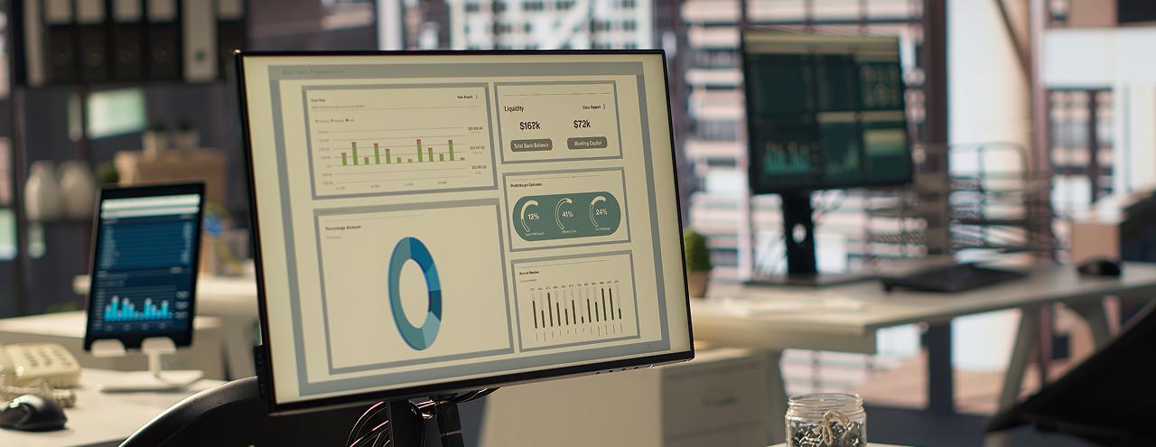 Enterprise sales deck structure dashboard displayed on office monitor showing modular data and analytics chart