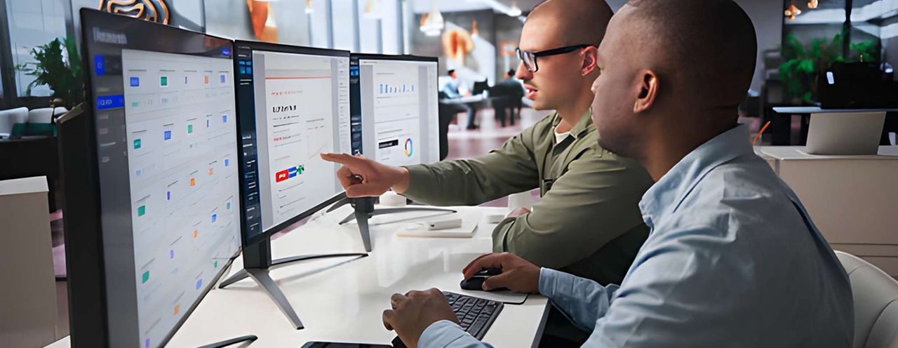 Business teams reviewing a presentation structure, workflows, and data insights across multiple screens today.
