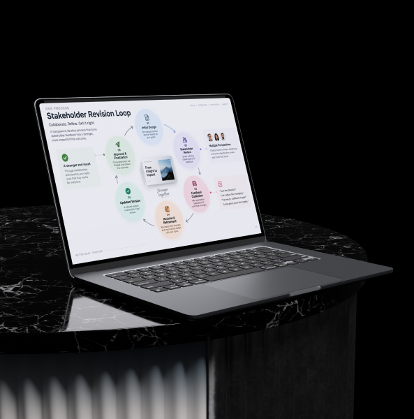 Stakeholder revision loop shown on a laptop, illustrating collaborative feedback and structured presentation.