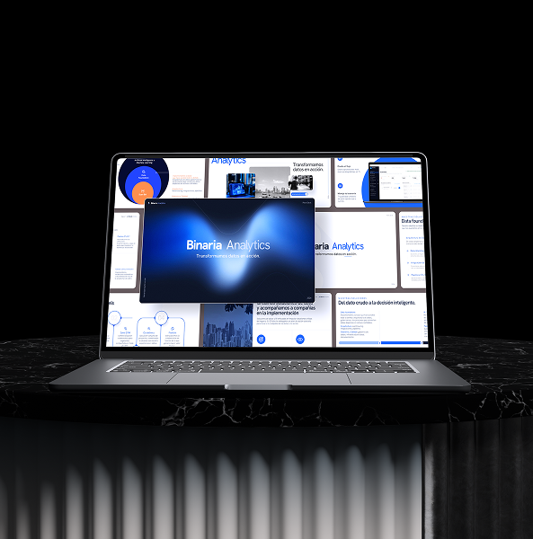 Presentation design execution displayed on a laptop, showing polished slides built for clear enterprise.