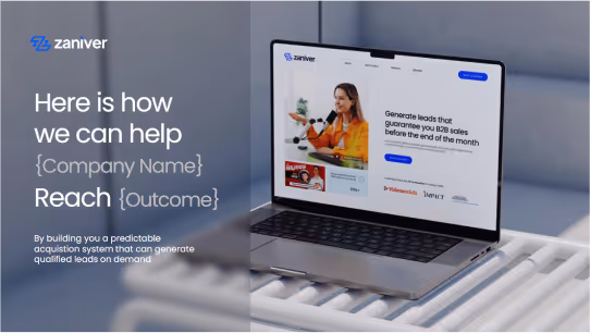Laptop on a reflective surface displaying Zaniver's website with a woman speaking and text about generating leads and guaranteeing B2B sales. Next to the laptop, text reads: 'Here is how we can help {Company Name} Reach {Outcome}. By building you a predictable acquisition system that can generate qualified leads on demand.'