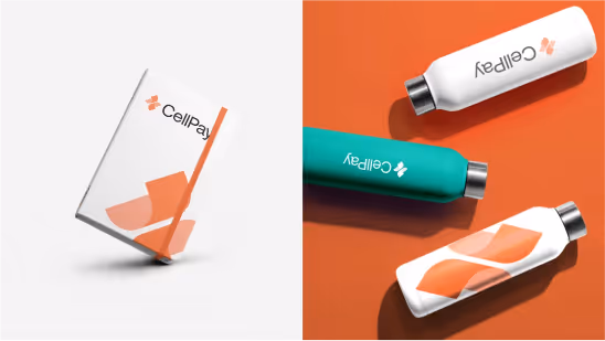 White rectangular box with orange abstract shapes and CellPay logo on left, and three stainless steel water bottles on orange background on right, two white with CellPay logos and orange abstract shapes, one teal with white CellPay logo.