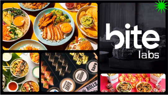 Collage with colorful food dishes including grilled chicken with vegetables, sushi rolls, tacos with guacamole, and Asian-inspired bowls with various sauces, alongside a black and white Bite Labs logo with a green starburst in the corner.