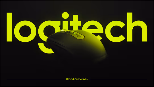 Black Logitech computer mouse with a glowing bright yellow Logitech logo in the background on a black surface, with the text 'Brand Guidelines' below it.
