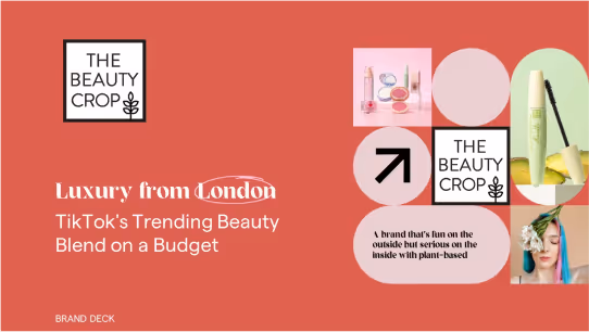 Presentation slide with a reddish background featuring The Beauty Crop logo and text: Luxury from London TikTok's Trending Beauty Blend on a Budget, alongside images of makeup products, a plant-based message, and a woman with a white flower on her face.