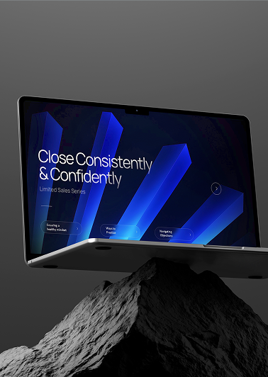 Executive presentation slide on a laptop using bold visuals and concise messaging to support clear business.