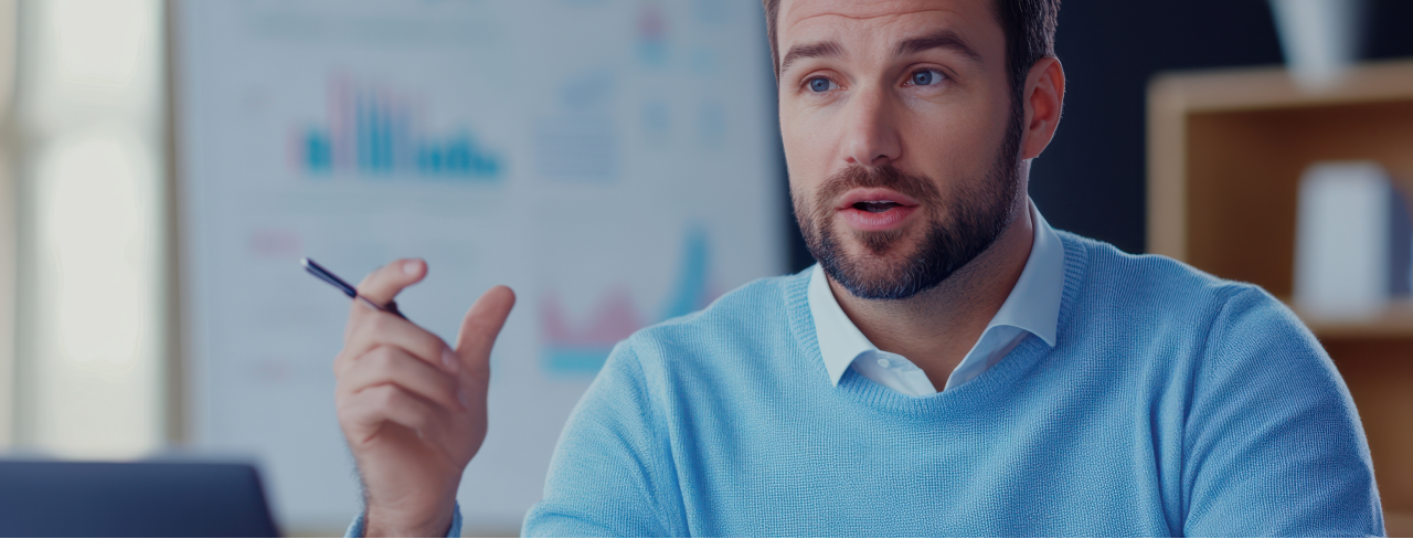 Business professional discussing pitch deck design costs and strategy during a presentation in a modern office