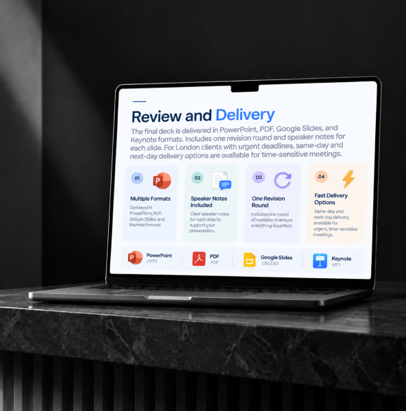 London presentation review and delivery slide showing feedback, quality checks, formats, and final steps.