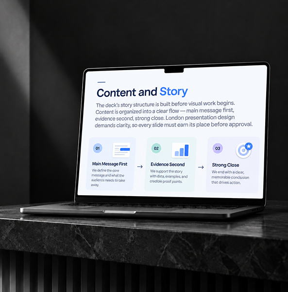 London presentation design slide focused on content and story, with structured messaging and audience needs.