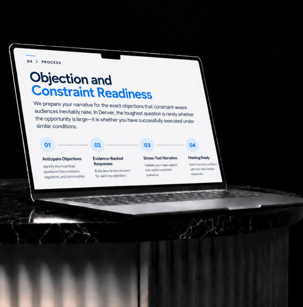 Denver presentation readiness slide covering objections, constraints, risks, and responses for meetings.