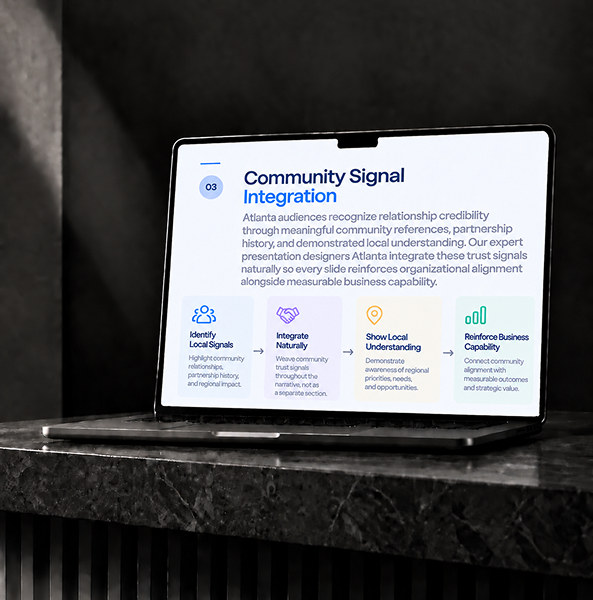 Laptop on a dark stand showing a Community Signal Integration slide for Atlanta presentations