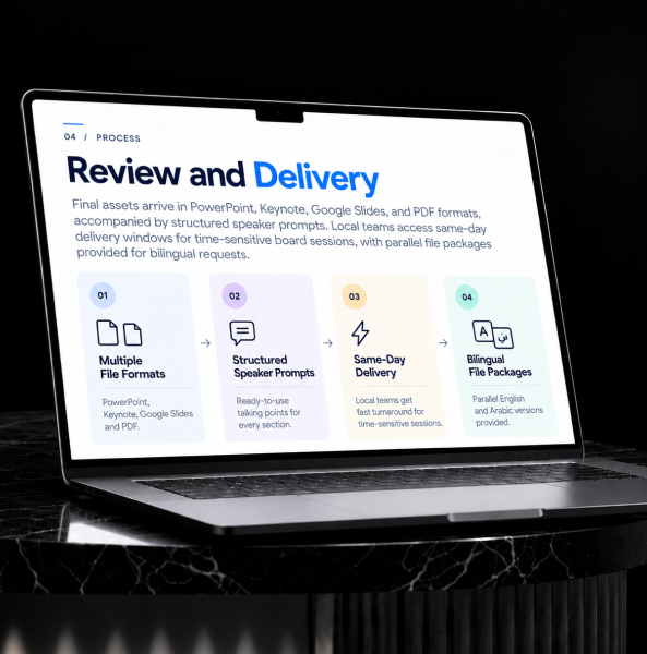Dubai presentation delivery workspace showing polished slides, visual assets, and final review for Dubai teams