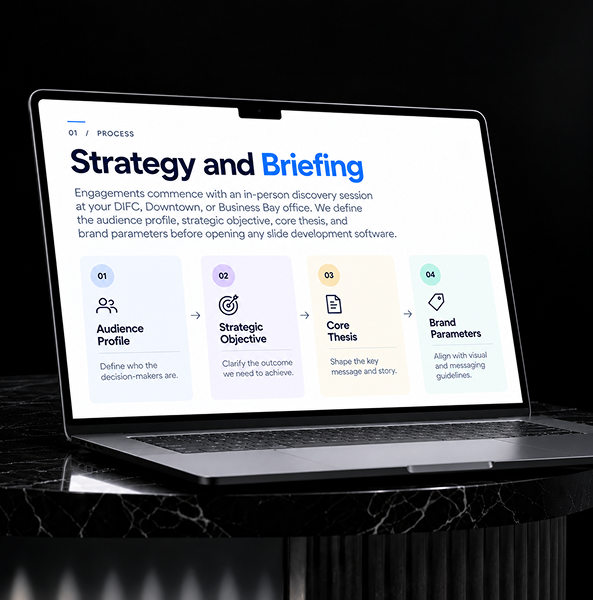 Presentation design review showing polished business slides, visual layouts, and delivery for business leaders