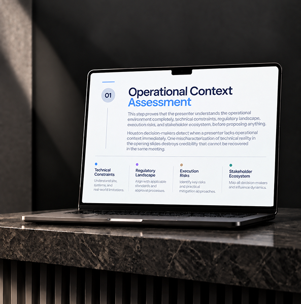 Houston presentation design agency creating operational assessment presentations with workflow and process visuals.