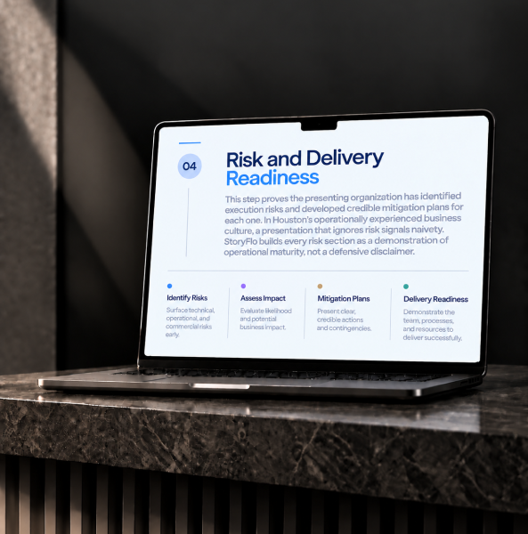 Houston presentation design agency creating risk and delivery readiness presentations with strategic dashboards.