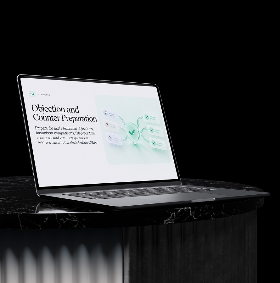 Laptop on a dark stand showing an Objection and Counter Preparation slide for cybersecurity pitches