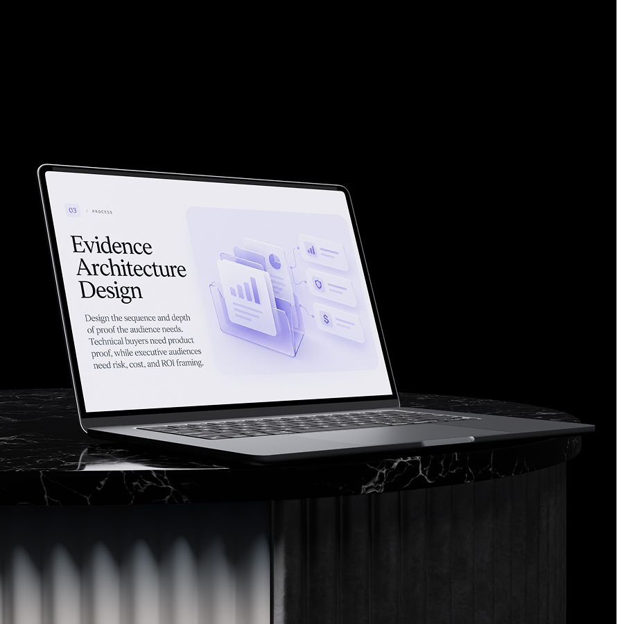 Laptop on a dark stand showing an Evidence Architecture Design slide for cybersecurity decks