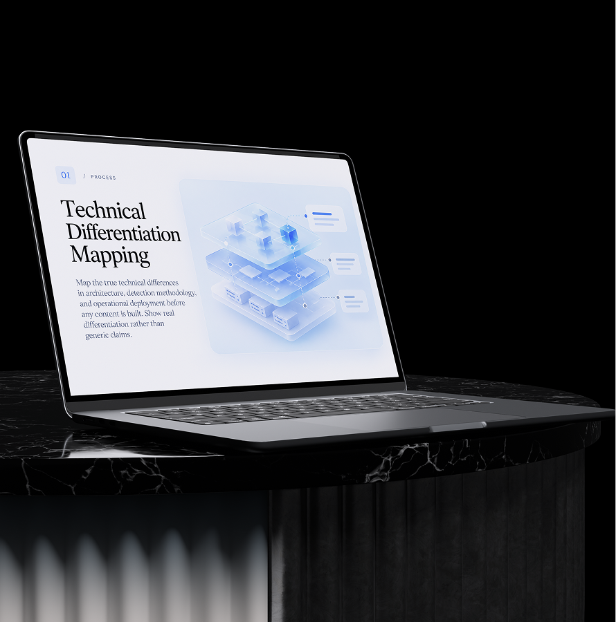 Laptop on a dark stand showing a Technical Differentiation Mapping slide for cybersecurity decks