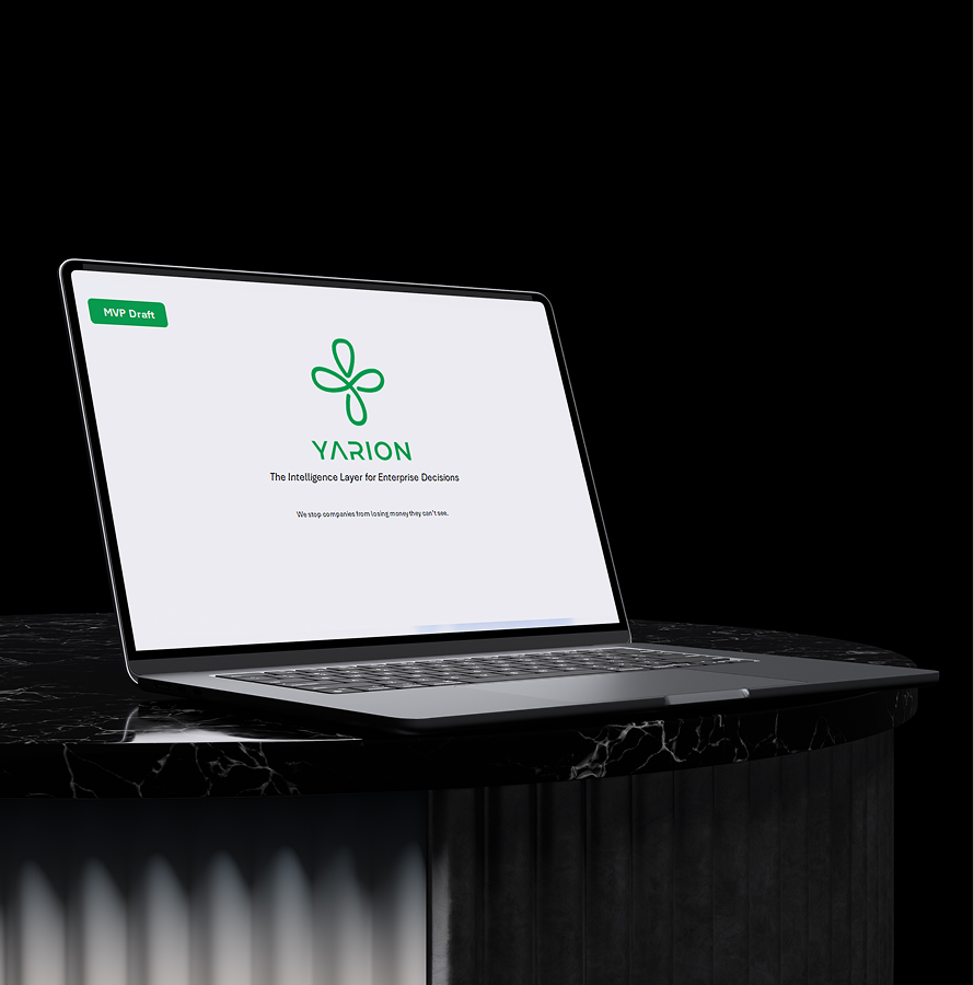 Laptop on a dark stand showing a Design and MVP Delivery slide in the StoryFlo SaaS deck process