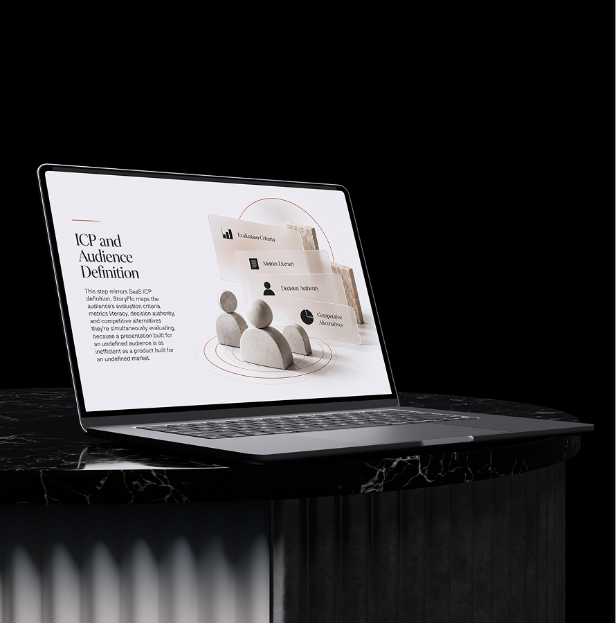 Laptop on a dark stand showing an ICP and Audience Definition slide in the SaaS deck process